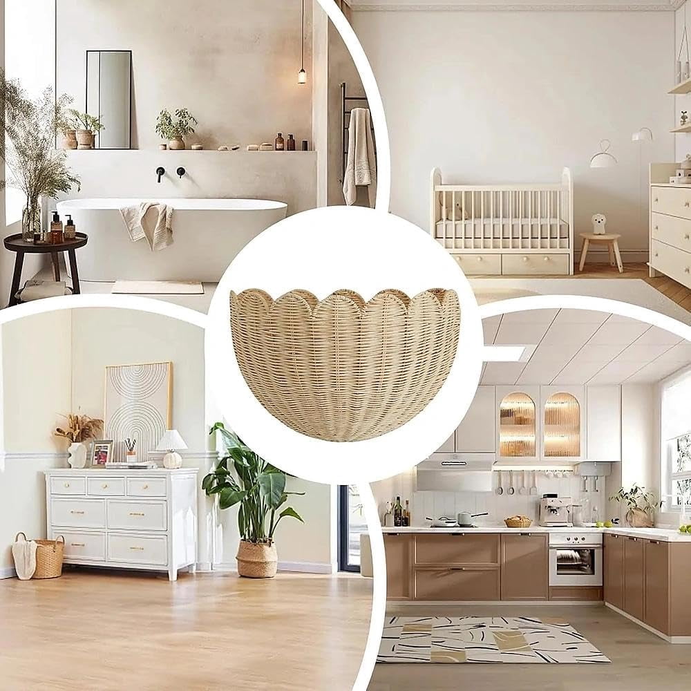 Duslogis Scalloped Hanging Wicker Baskets for Wall, Scalloped Home Decor, Hanging Woven Rattan Wall Basket for Flowers Front Door Bathroom Storage (15.8 x 9.8 x 6.7 Inch)