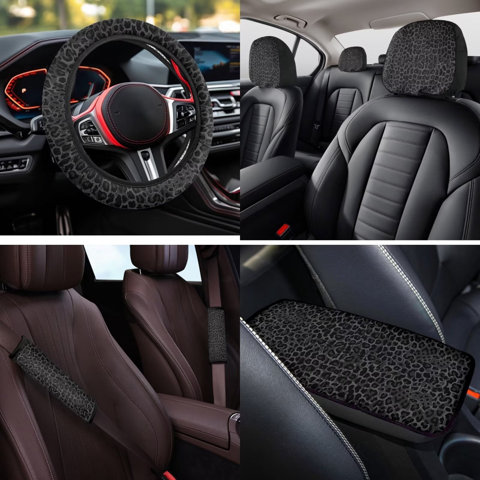 HUIACONG Black Leopard Print Car Seat Covers Full Set for Women Cheetah Print Car Accessories 14 Pcs Including Seat Belt Covers Steering Wheel Cover Armrest Cover Headrest Cover Coasters Keychain