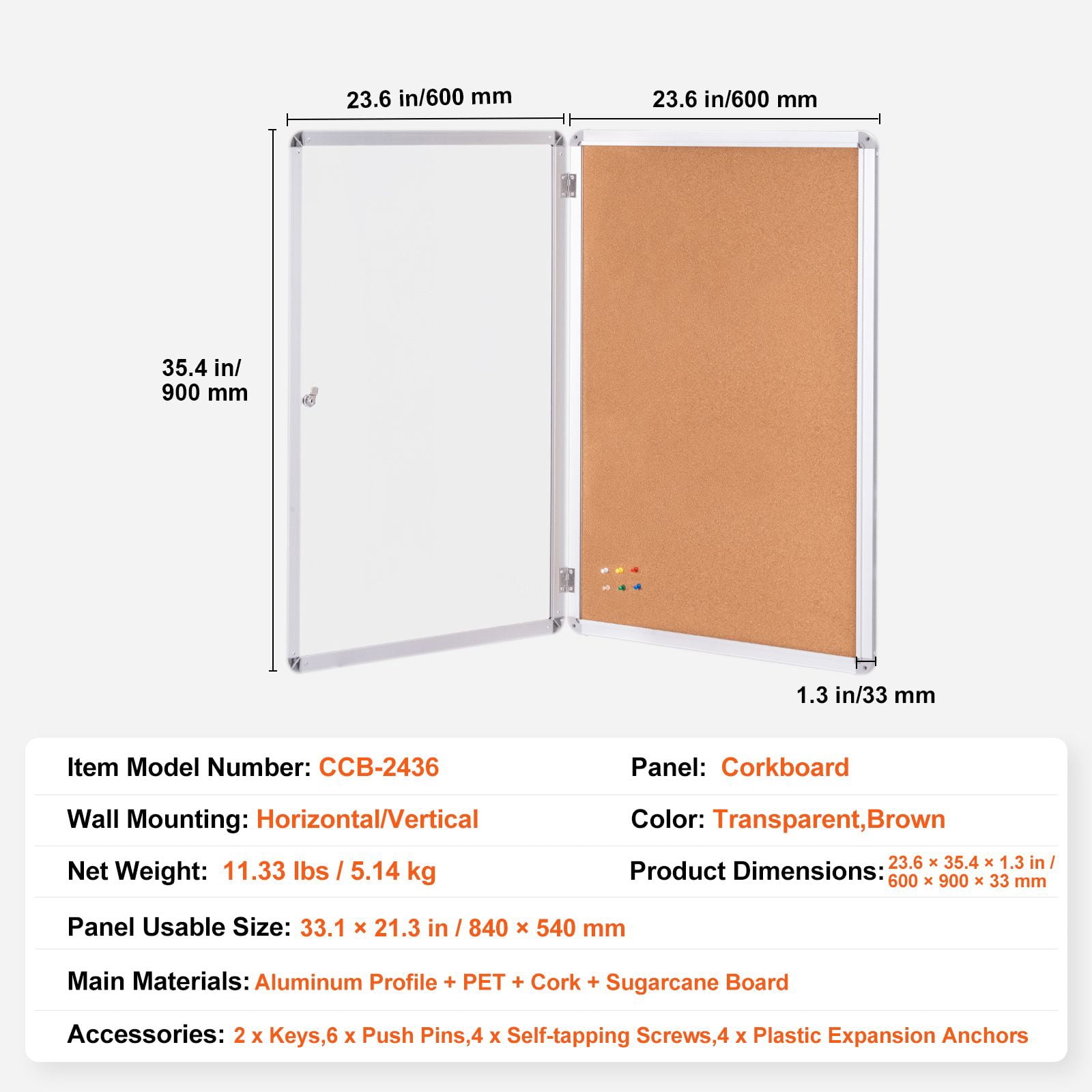 36X24 inch aluminum frame lockable weatherproof bulletin board with acrylic door, two keys, wall display cabinet, school home office