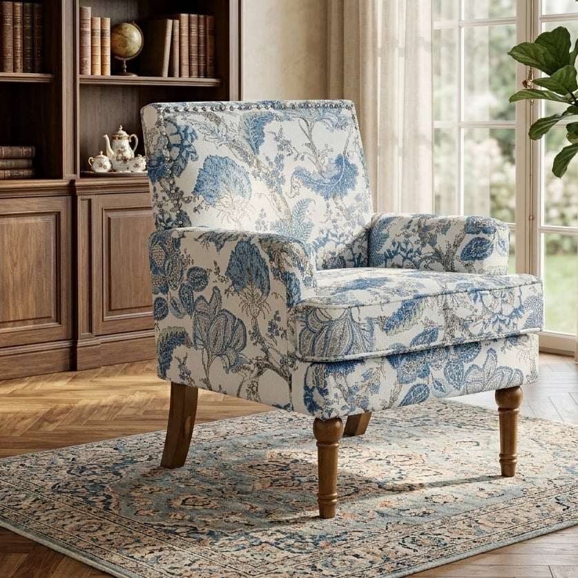 Aukfa Floral Accent Chair - Upholstered Armless Reading Chair with Nailhead Trim & Turned Wood Legs, Blue