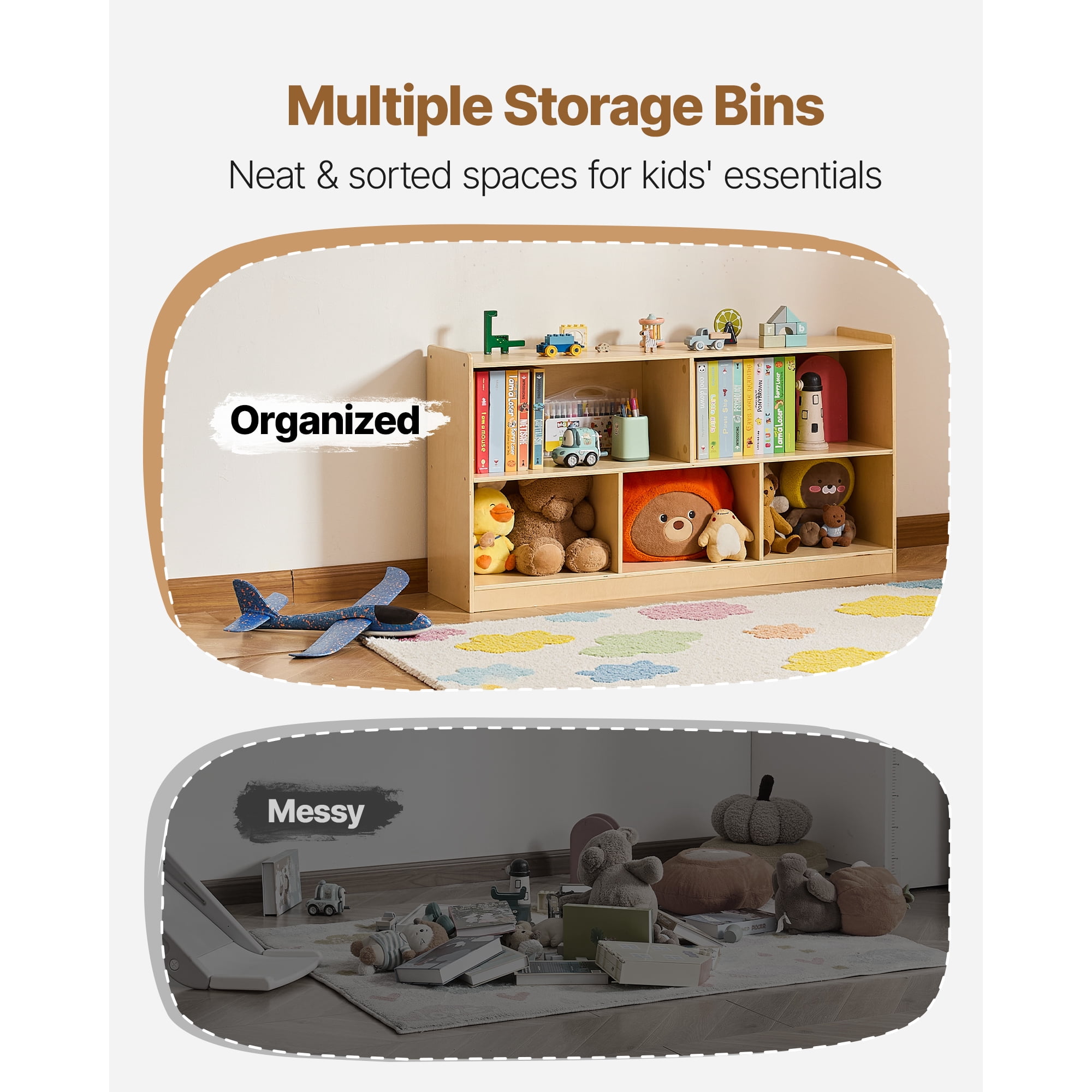 KFFKFF Montessori Bookshelf, 45-inch Wide Toy Storage Unit, 5-Section Children's Display Cabinet, Daycare Furniture, Kids' Bookshelf for Bedroom, Nursery, Living Room, Entryway, Preschool, Brown