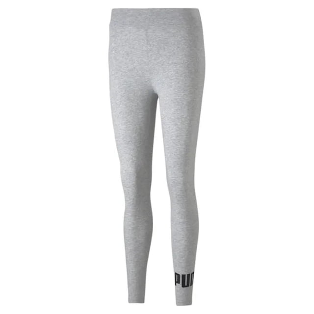 legging puma ess logo para mujer 586832-04 gris s legging gris entallado para mujer con pretina elástica, mezcla de algodón y elastano, estampado de goma del logo PUMA en la parte baja de la pierna izquierda; vista frontal sobre fondo blanco, a menudo usado para ejercicio ligero o uso diario.