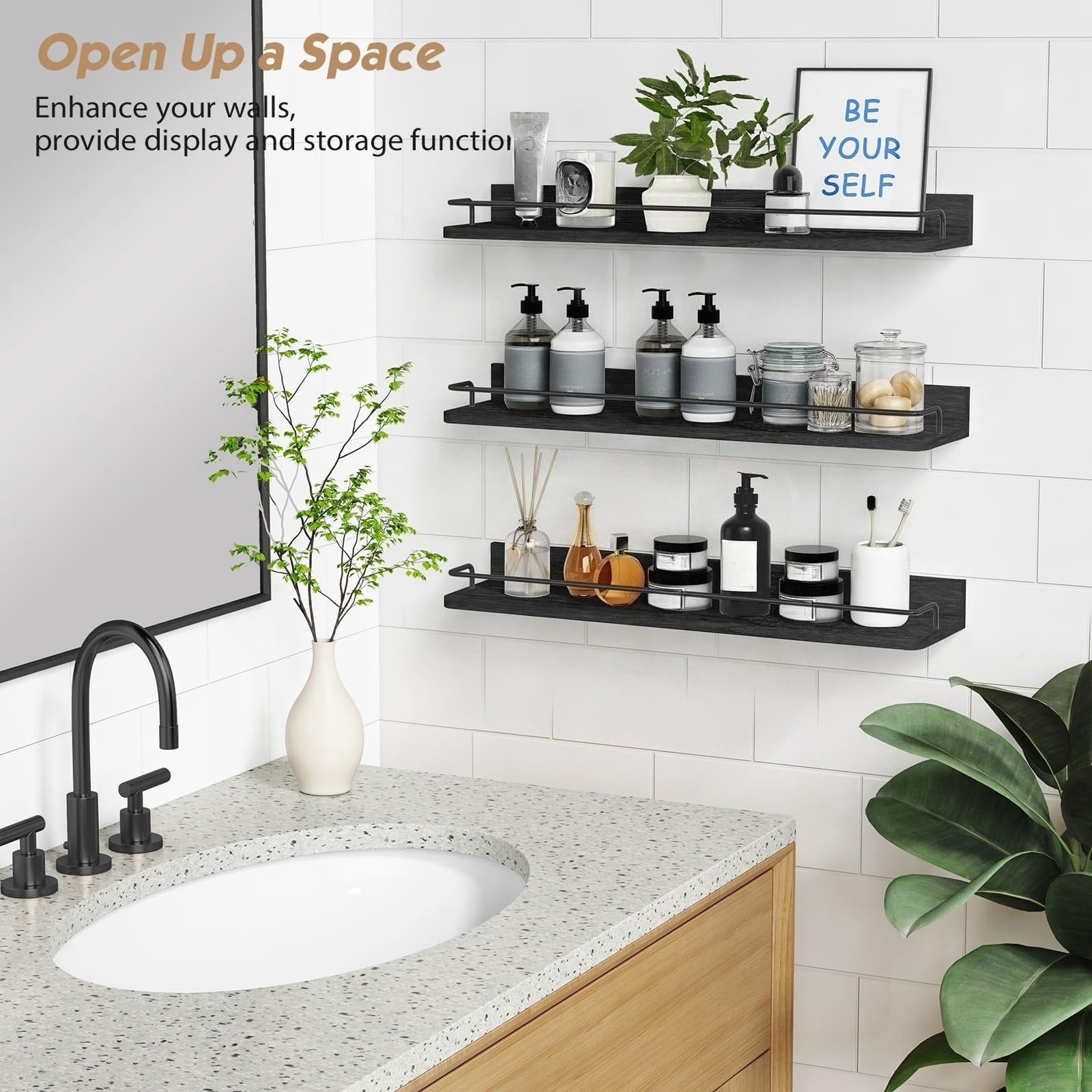 Forbena Gold Floating Shelves for Wall Decor Set of 3, Bathroom Shelves Over Toilet, Modern Display Wall Shelf with Guard Rail for Living Room Bedroom Organizers and Storage - White and Gold