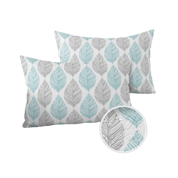 Pack of 2 Outdoor Pillow Covers, Grey and Turquoise Olive Leaf Texture Watercolor Hand Drawn Waterproof Square Throw Pillowcase Cushion Decorative Pillow Covers for Couch Patio Tent, 20x12 in