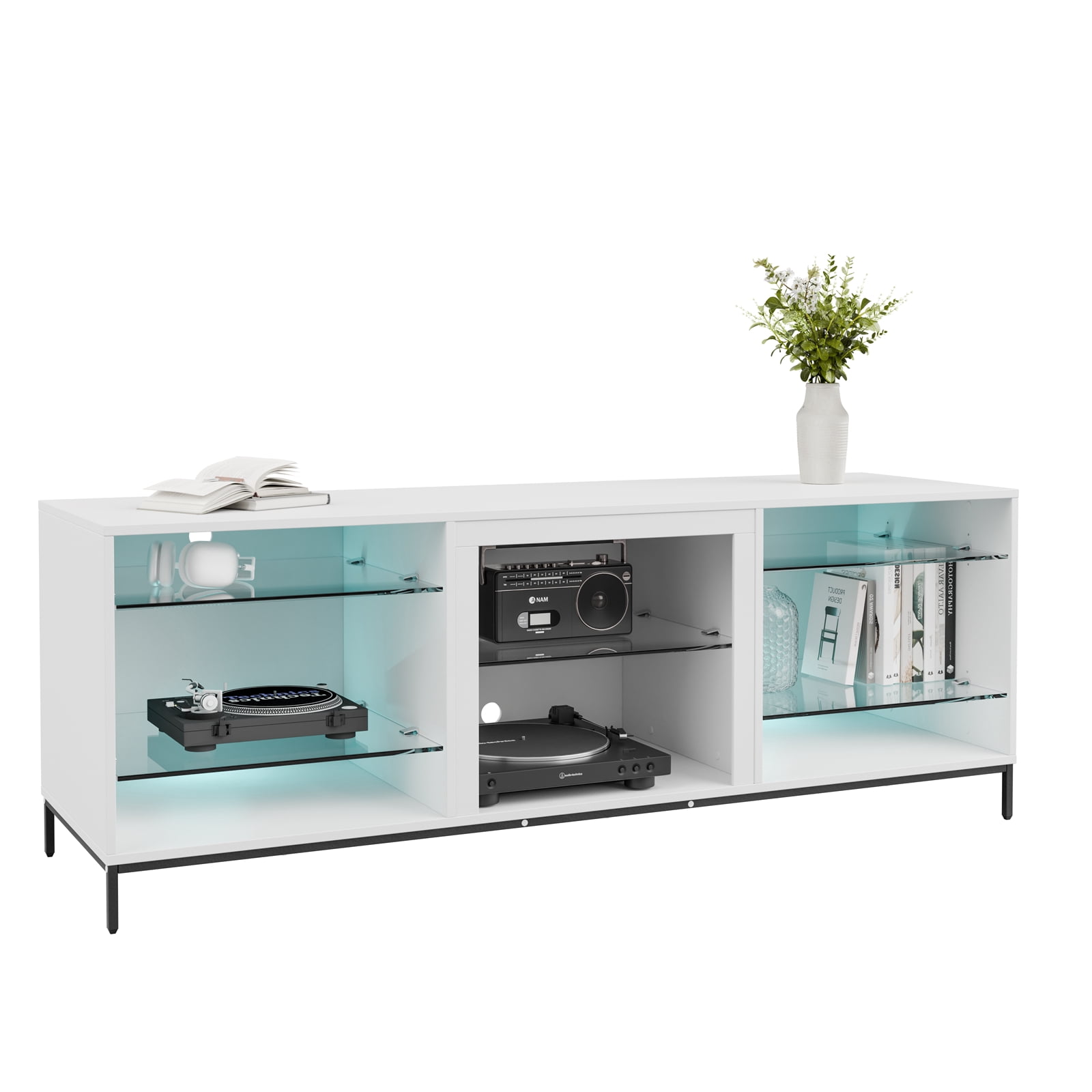 HOMMPA Support TV Flottant Avec Lumière LED Pour Téléviseurs De 60 Pouces à Fixation Murale LED Centre De Divertissement Avec Rangement Brillant Au Sol Moderne Blanc Monté Console Multimédia Pour