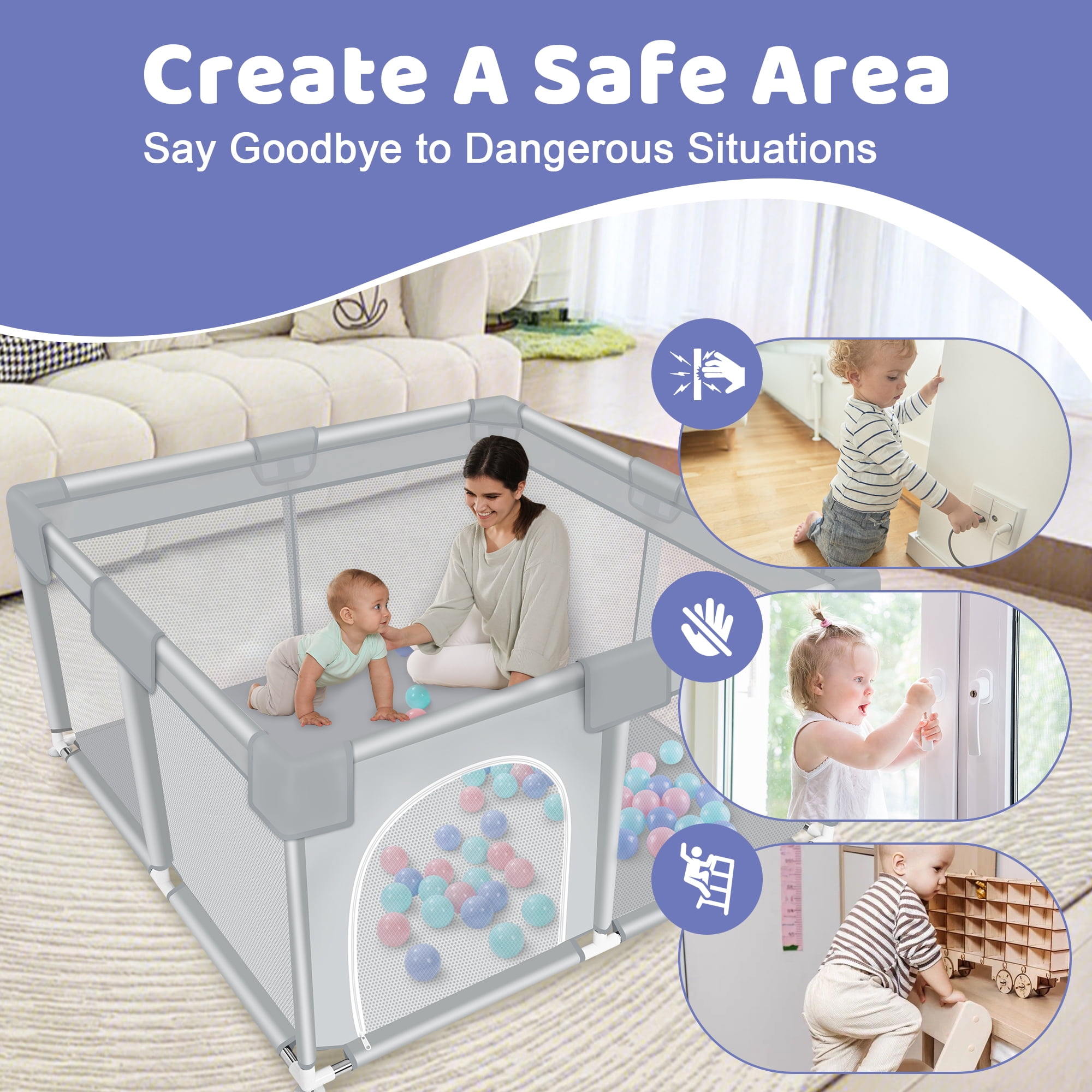 Baby Playpen, HDJ 50*50 inch Baby Play Yard with Soft Breathable Mesh and Anti-Slip Base, Baby Fence Infant Playard for Boy and Girls, Gray