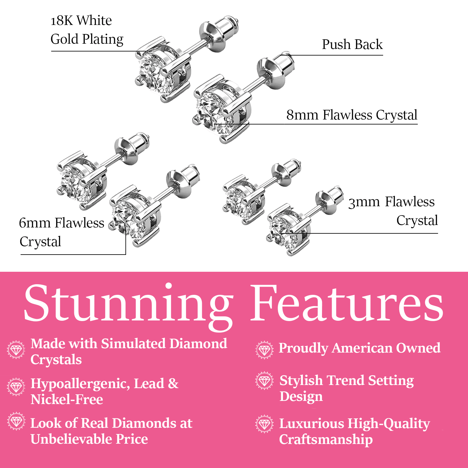 Cate & Chloe Pack of 3 - Mia 18k White Gold Plated Stud Earrings with Simulated Diamonds for Women