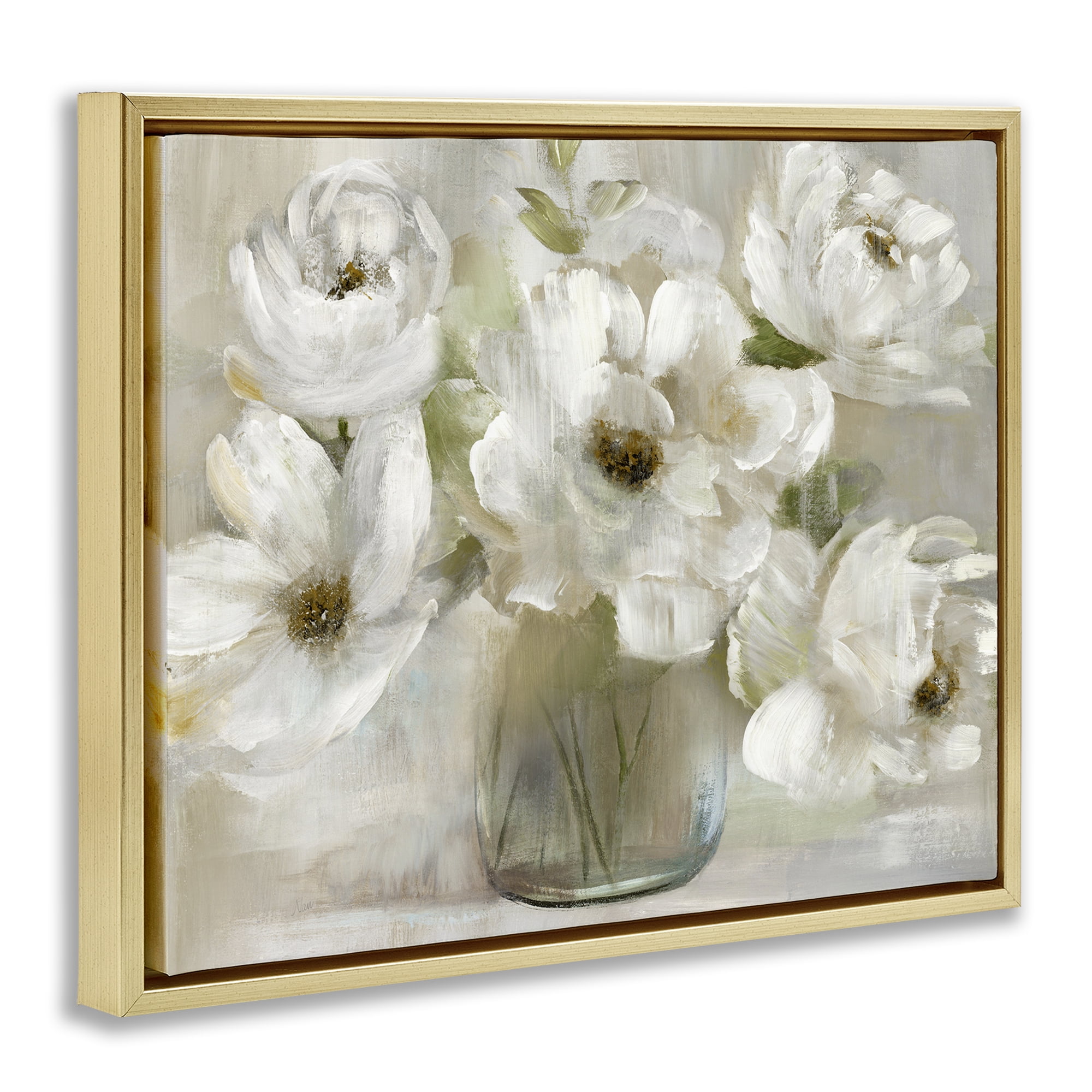 Stupell Industries Gentle White Petals in Vase Gold Framed Floater Canvas Wall Art, design by Nan