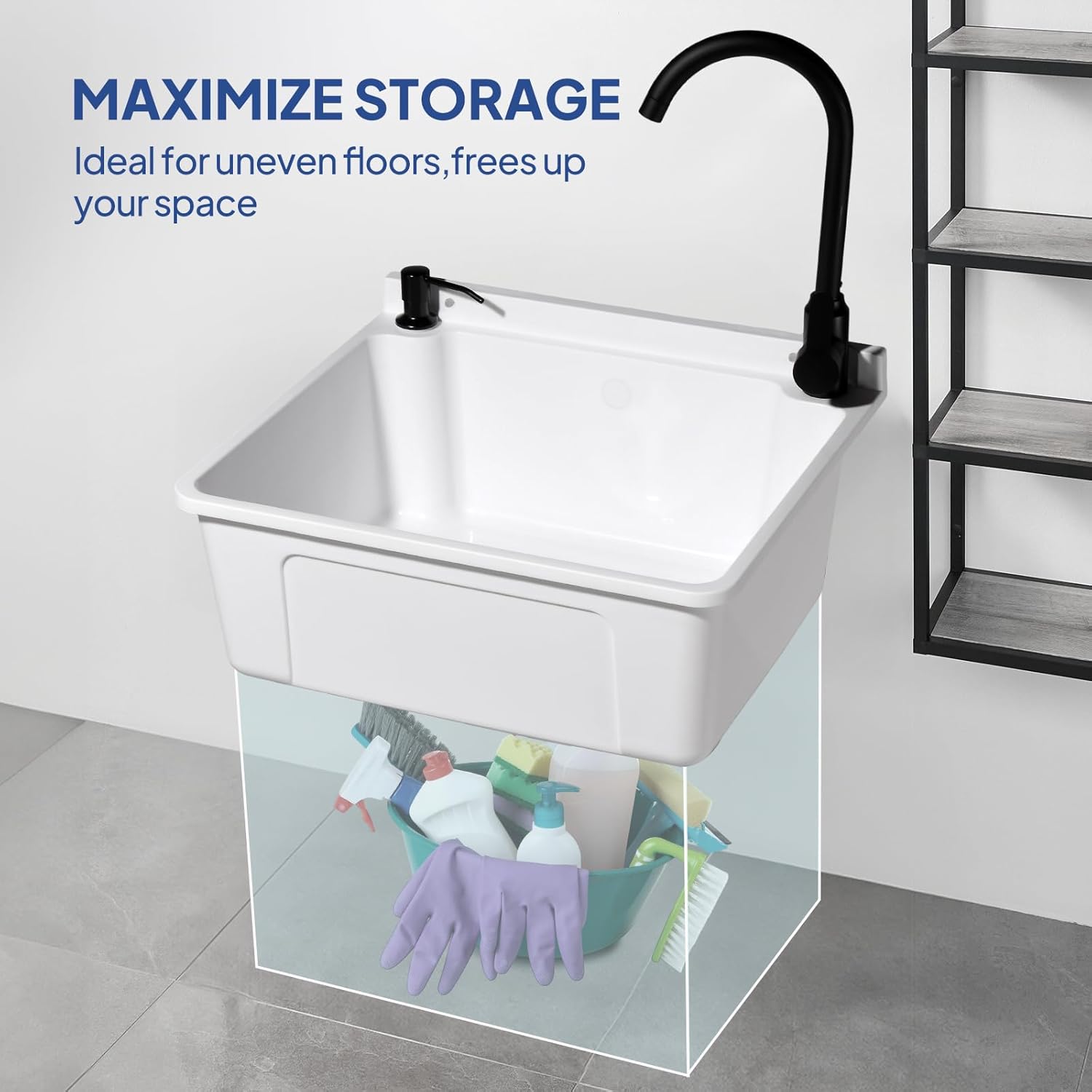 ROVSUN Plastic Wall-Mounted Utility Sink, Wall-Mounted Utility Tub with Wall Bracket, Hot&Cold Faucet, Drain Plug, Perfect for Basement, Laundry Room, Garage or Shop and More, Black