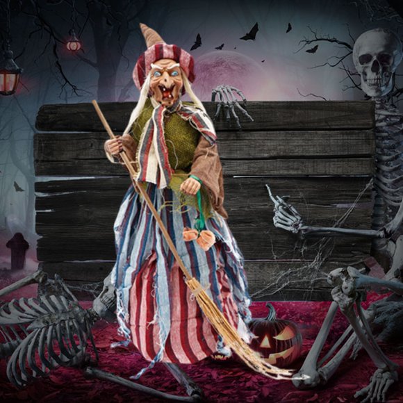 AKEGAMN Clearance! Halloween Animated Standing Witch Life Size Animatronic Witch With Pre Recorded Phrases Glowing Red Posable Arms Ideal For Scary Halloween Holiday Decor Prop Indoor/Outdor Hallowe