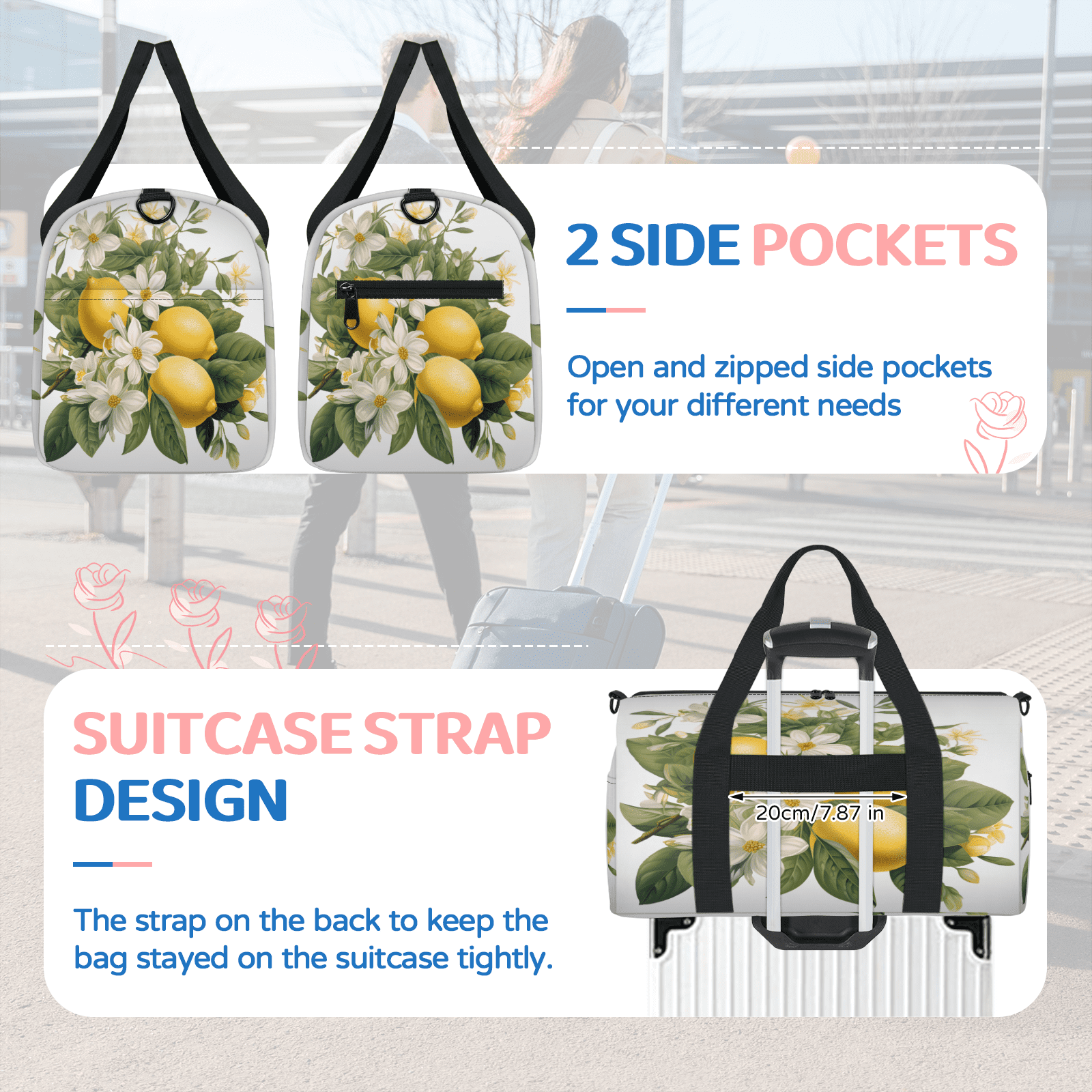 Herdesigns Lemon Flower Gym Bag for Women, Duffle Bag for Travel Sport, Lightweight Waterproof Carry on Weekender Overnight Dance Yoga Workout Bags