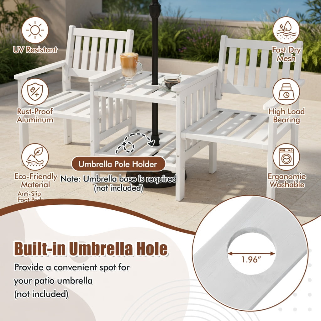 Hommoo Outdoor Fir Wood Loveseat Set with 2-Tier Side Table & 1.96-Inch Umbrella Hole, White