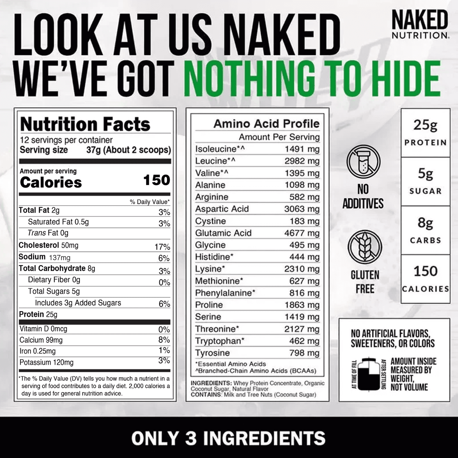 NAKED Nutrition Vanilla Whey Protein 1Lb, Only 3 Ingredients, All Natural Grass Fed Whey Protein Powder + Vanilla + Coconut Sugar- GMO-Free, Soy Free, Gluten Free. Aid Muscle Growth, 12 Servings