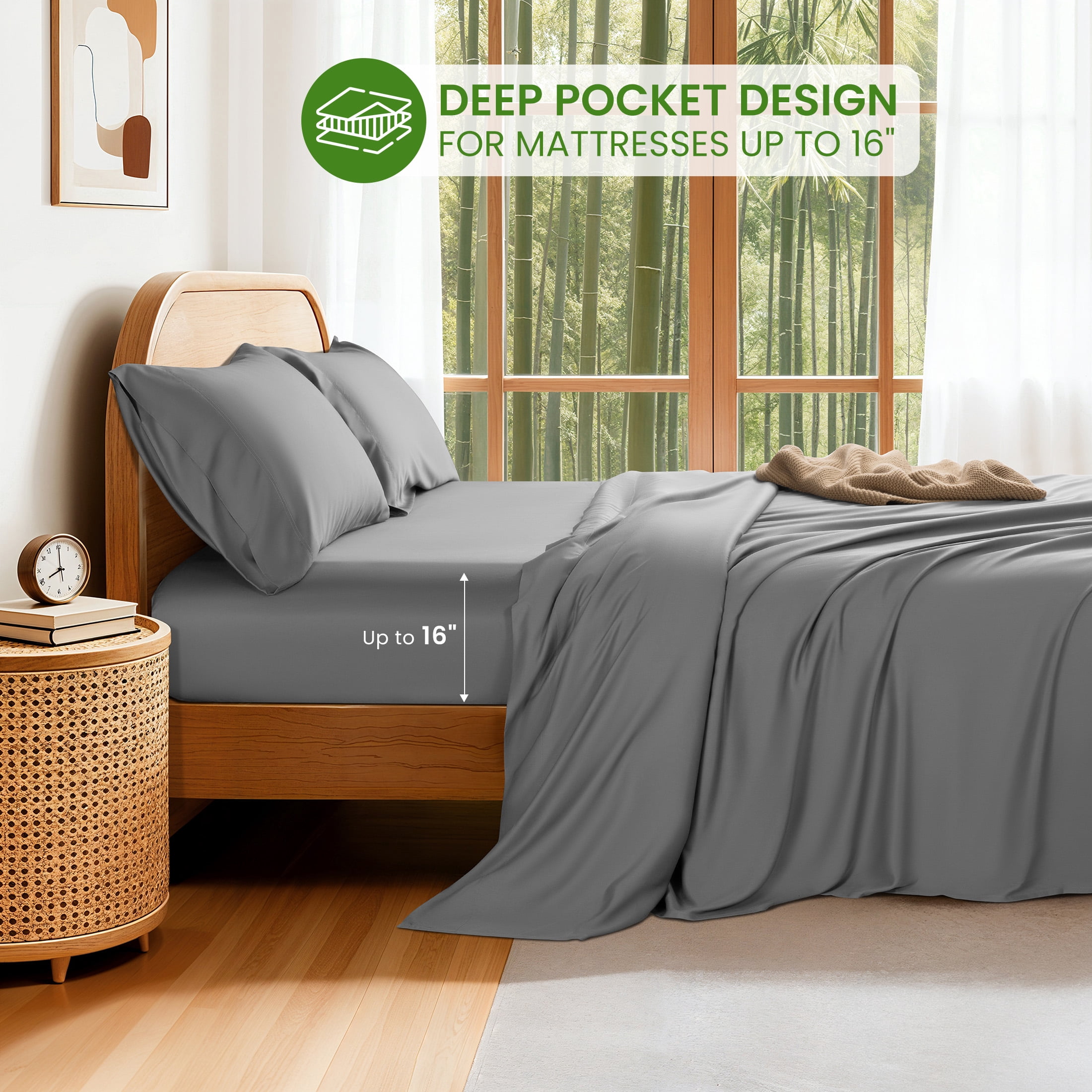 Sonoro Kate 100% Organic Luxurious Bamboo Sheets, Queen Sheet Set 4-Piece with 16" Deep Pocket, Silky Smooth Luxury Bed Sheets, Gray