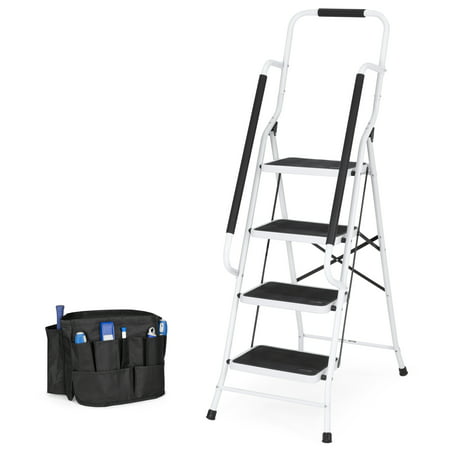 Best Choice Products 4-Step Portable Folding Anti-Slip Steel Safety Ladder w/ Padded Handrails, Attachable Tool Bag, Knee Rest - (Best Ladder For Electrical Work)
