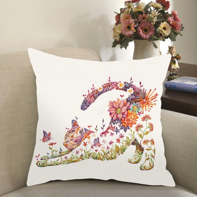 Cuadros Decorativos Kits de fundas de almohada de punto de cruz DIY con estampado de gatos y flores de 11 quilates, cojín con estampado de animales Tmvgtek embutido en tela