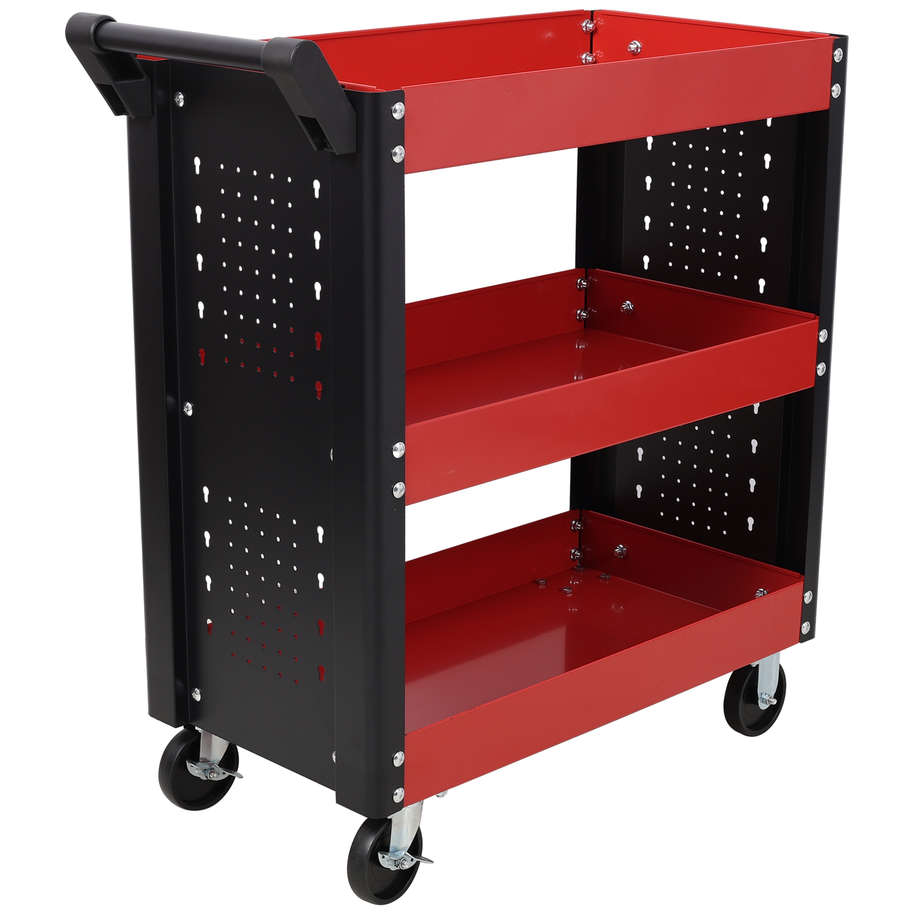 Tool Cart, 3 Tier Rolling Tool Cart on Wheels,Heavy Duty Utility Tool Cart with Pegboard for Repair Shop, Garage, Warehouse,Red, Red Tool Storage Cart,Steel Mechanics Tool Cart