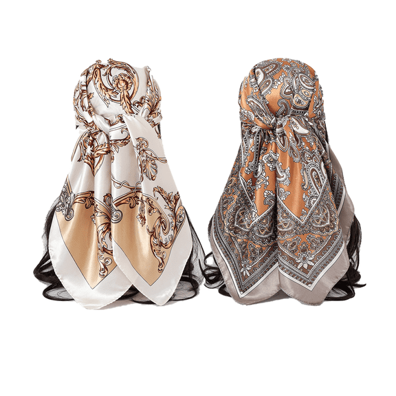 Printed Square Head Scarf 35", Smooth Silk-like Bandana, Multipurpose Hair Scarf for Women.(2 PCS)