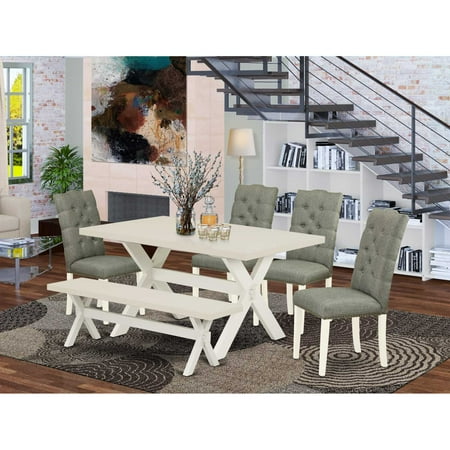 East West Furniture 6-Pc Dining room Table Set-Smoke Color Linen Fabric Seat and Button Tufted Chair Back Dining room chairs a Rectangular Bench and Rectangular Top Kitchen Dining Table with…