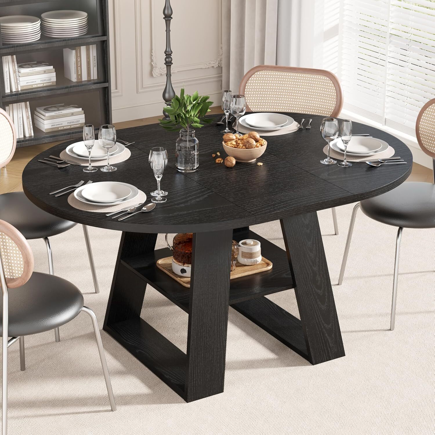 Extendable Round Dining Table for 4, Modern Oval Kitchen Dining Table with Storage Shelf, Dinner Table for Living Room, Black