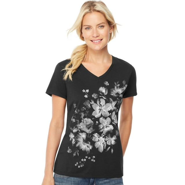 Hanes T-Shirt à Manches Courtes Col en V pour Femmes, 2TG, Floral de Plage/noir