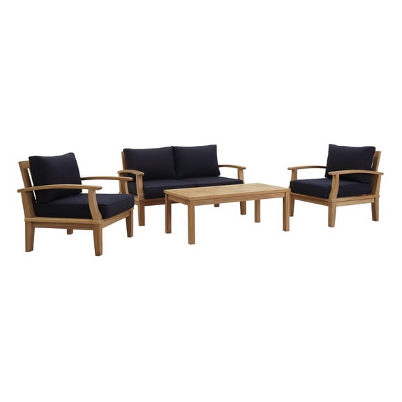 4 pcs Lounge Sectional Sofa Table Set, Navy Blue, Teak Wood, Outdoor Patio Balcony Cafe Bistro Garden Hospitality Restaurant, Modern Contemporary, HB36925