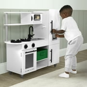 Delta Children Deluxe Modern Kitchen - Wooden Toy Kitchen Playset with Realistic Knobs that Turn/Click, Oven, Sink and Fridge/Freezer with Ice Maker, White
