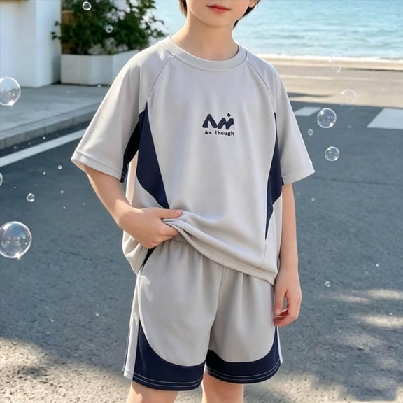Amidoa Boys Summer Outfits 2 Piece Cute Short Sleeve Top and Casual Shorts Kids Clothing Sets Gray Size 1
