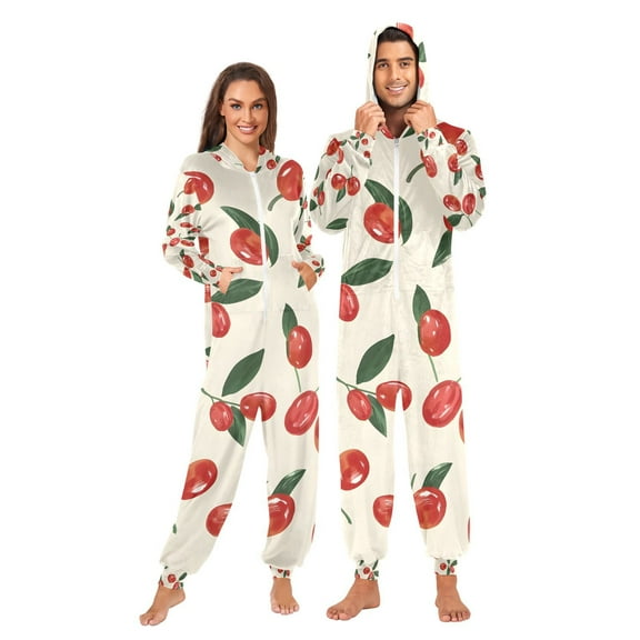 Red Dates Leaves Adult Onesie Pajamas Slim Fit Christmas One Piece Suit Pjs for Women and Men Hooded Zipper