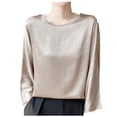thumbnail image 2 of SSZMDLB Women Silk Satin Long Sleeve Tshirt Round Neck Flowy Casual Basic Blouse Travel Vacation Outfits Summer Tops, Beige L, 2 of 6