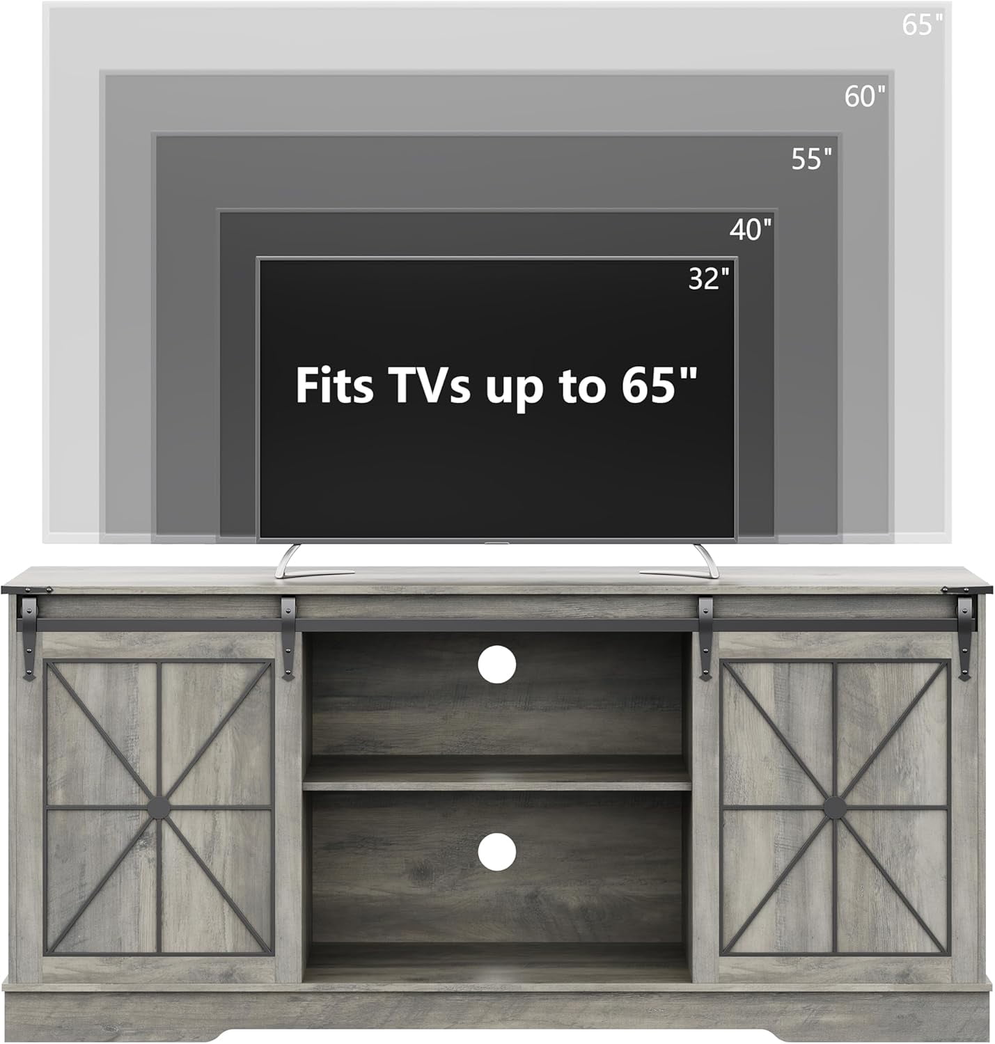 FANRAL Farmhouse TV Stand with Sliding Barn Doors,Rustic Entertainment Center for 65 Inch TV,Media Console with Storage Cabinets & Cable Holes for Living Room,Gray TV Stand