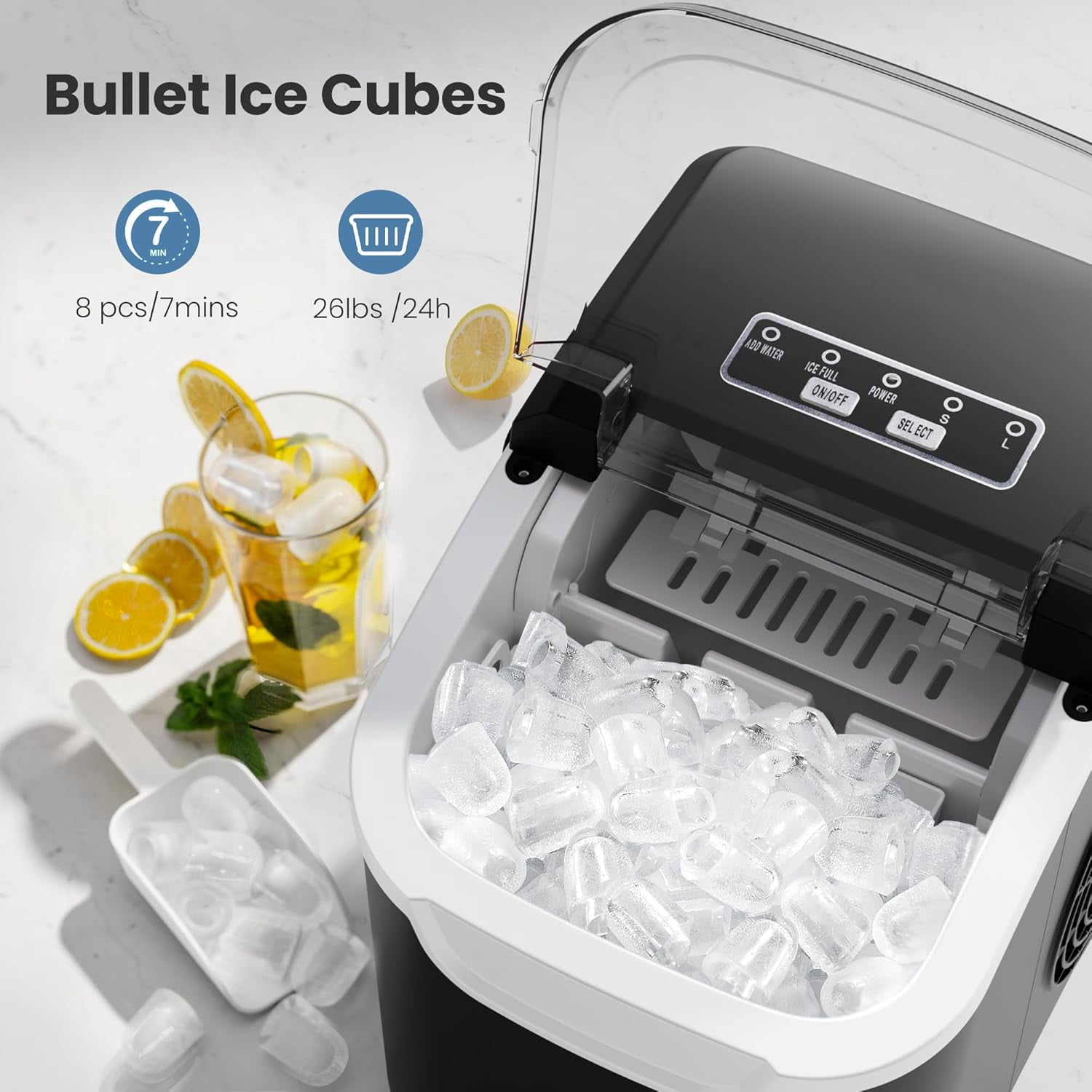 Moifoi Ice Maker Countertop , Portable Ice Machine 26.5lbs/24H, Ready in 6 Mins/9 Pcs with Self-Cleaning,Black
