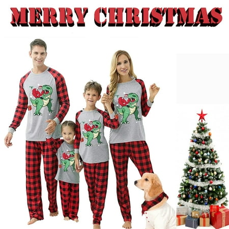 

Family Matching Christmas Pajamas Set Adult Kids Dinosaur Printed Tops+Plaid Pants Holiday Loungewear Sleepwear Pjs Set