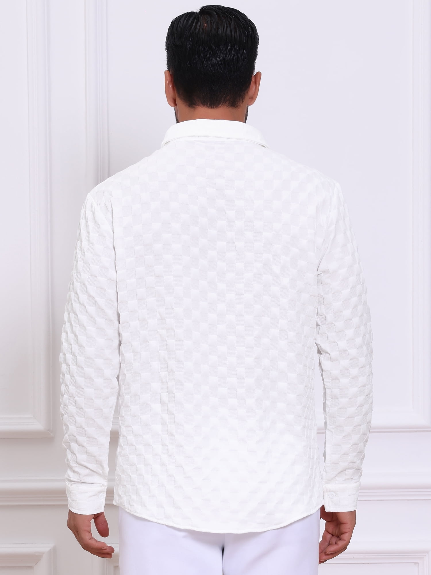 DARING DIVA Men's Plaid Textured Casual Long Sleeve Button Down Shirt L White