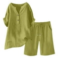 thumbnail image 4 of DDAPJ pyju Womens Linen 2 Piece Outfits Plus Size Loungewear Sets Short Sleeve Henley V Neck Tops and Drawstring Shorts Summer Casual Matching Set Ofertas Prime Green XL, 4 of 6
