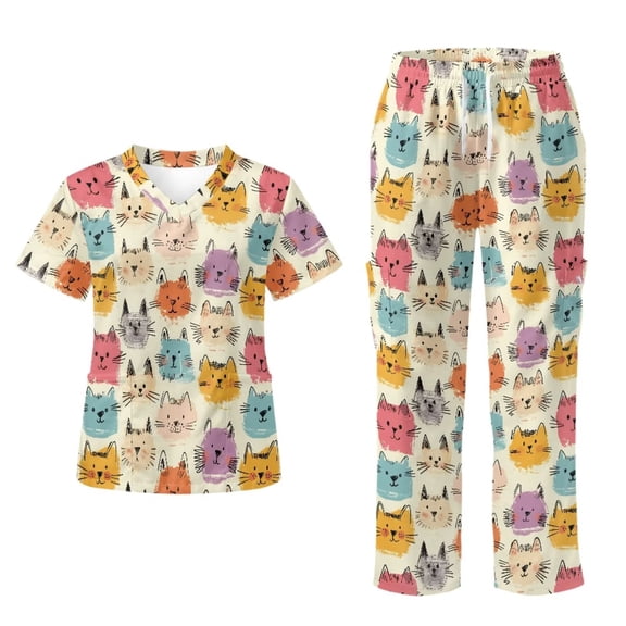 Chririnla Colorful Cat Beige Women's V-neck Top & Pant Scrub Set Nursing Uniforms Short Sleeve Nurse Scrubs Tops Straight Leg Pants with Pockets Medical Working Wear
