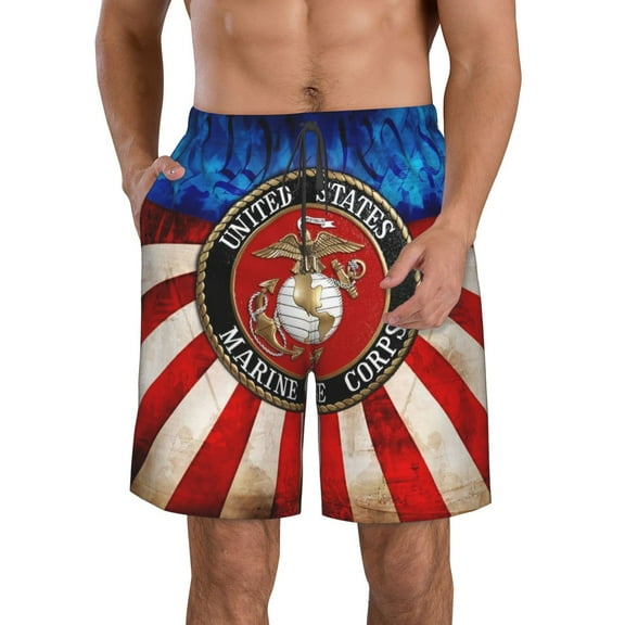 United States Marine Corps Men's Hawaiian Beach Shorts Elastic Waist Drawstring Lightweight Summer Casual Shorts with Pocket S