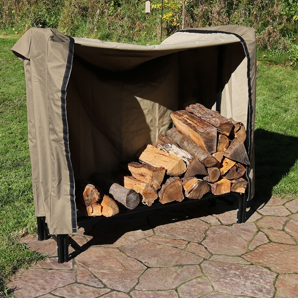 Sunnydaze Firewood Storage Log Rack with Khaki Cover Outdoor Black Steel 4'