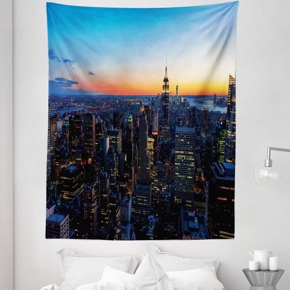City Tapestry, New York City Sunset Manhattan Downtown Empire State and Skyscrapers, Fabric Wall Hanging Decor for Bedroom Living Room Dorm, 5 Sizes, Sky Blue Salmon and Orange, by Ambesonne