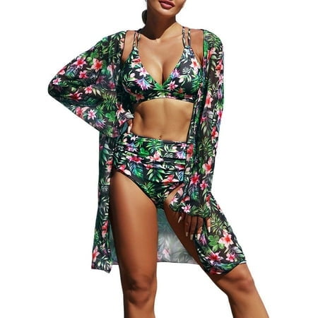 FhsagQ Ensembles de Maillots de Bain pour Femmes Poitrine Exposée Bikinis Taille Haute 2025 Ensemble Bikini Trois Pièces Paréo Maillot de Bain pour Femmes Manches Longues Rehausseur Maillot de Bain Tenue de Plage Maillot de Bain Vert TTG
