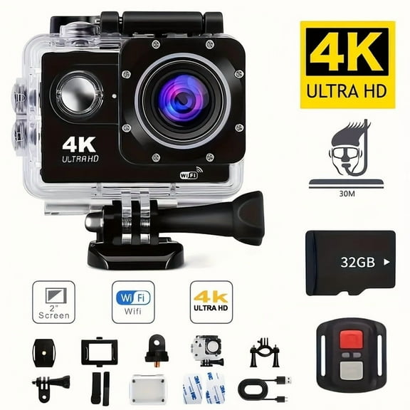 4K30fps Action Camera with 32G Memory Card - 20MP HD Underwater Cam (131ft), 170° Wide Angle | WiFi, Pre-recording, Remote Control | Sports Camera with Helmet Mount Accessories |