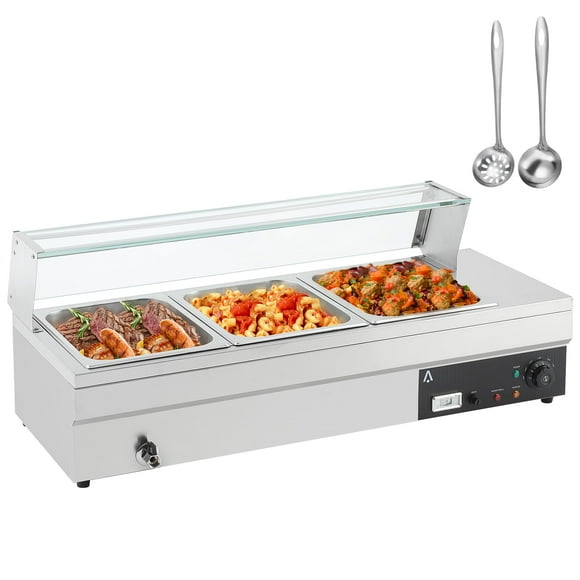 Chauffe-nourriture Commercial 3-Pan - Capacité 12QT*3, Puissance 1500W, Couvercle en Verre Trempé, Poêles Profondes de 6 Pouces, et Contrôle de Température Réglable 86-185°F
