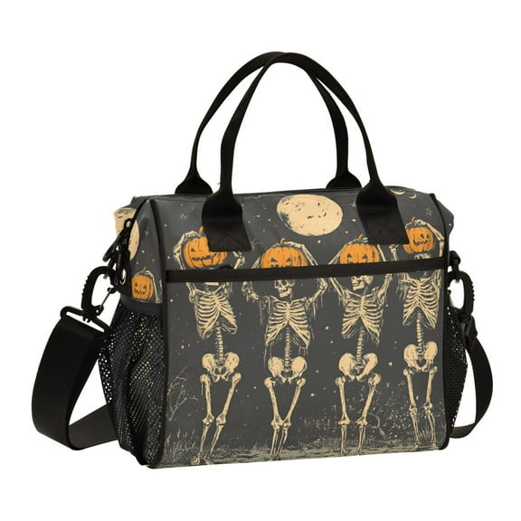 FORMRS Insulated Lunch Bag Unisex Large Capacity with Shoulder Strap, Beige Halloween Skeleton