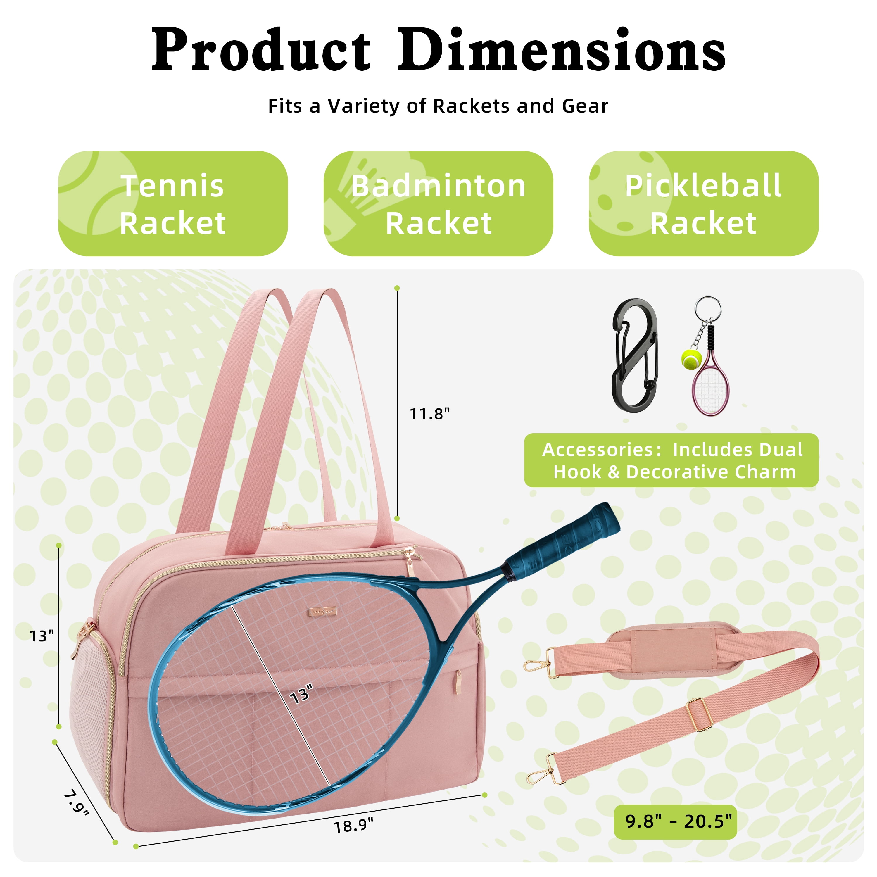 Tennis Bag for Women, Large Tennis Racket Bag Fits 2 Racquets, Pickleball Gym Sports Tote, Pink