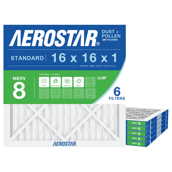 Aerostar 16x16x1 MERV 8 Air Filter, Pleated AC Furnace HVAC, Dust Pollen Pet Dander, 6 Pack