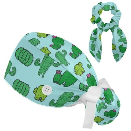 

Working Cap with Buttons and Sweatband Scrub Hat Bouffant Caps with Scrunchie Cactus Tie Back Hats