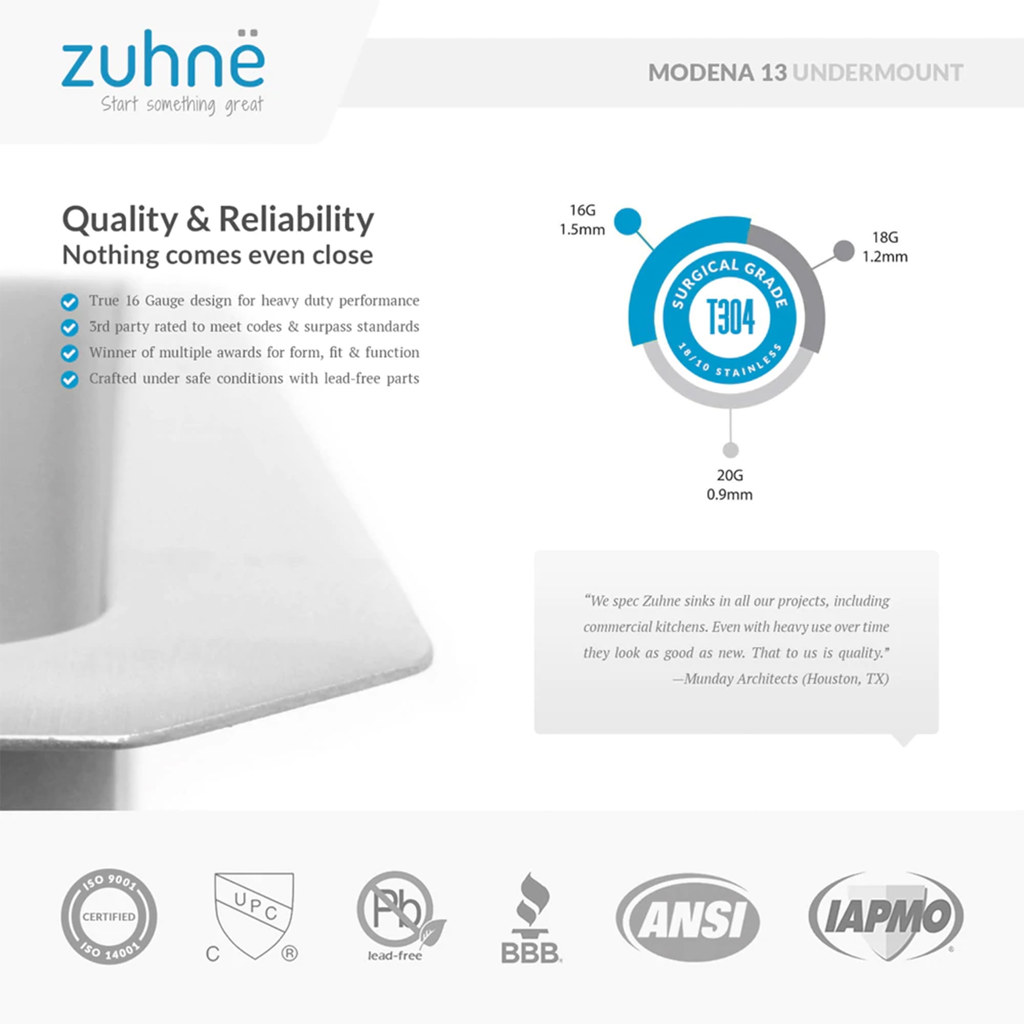 zuhne modena 13 x 15 inch wet bar, small prep, rv and utility kitchen sink undermount single bowl 16 gauge stainless steel w. scratch protector grate and drain strainer, fits 15" cabinet