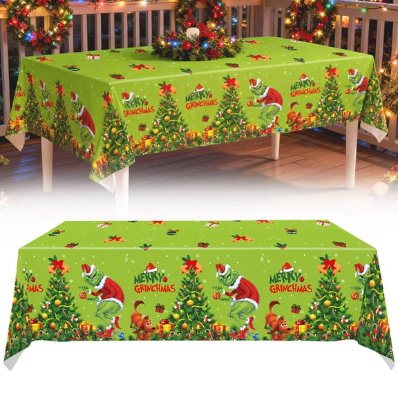 Green Christmas Tablecloth, Merry Christmas Plastic Table Cover, Festive Holiday Tablecloth for Xmas Party and Dining Decor