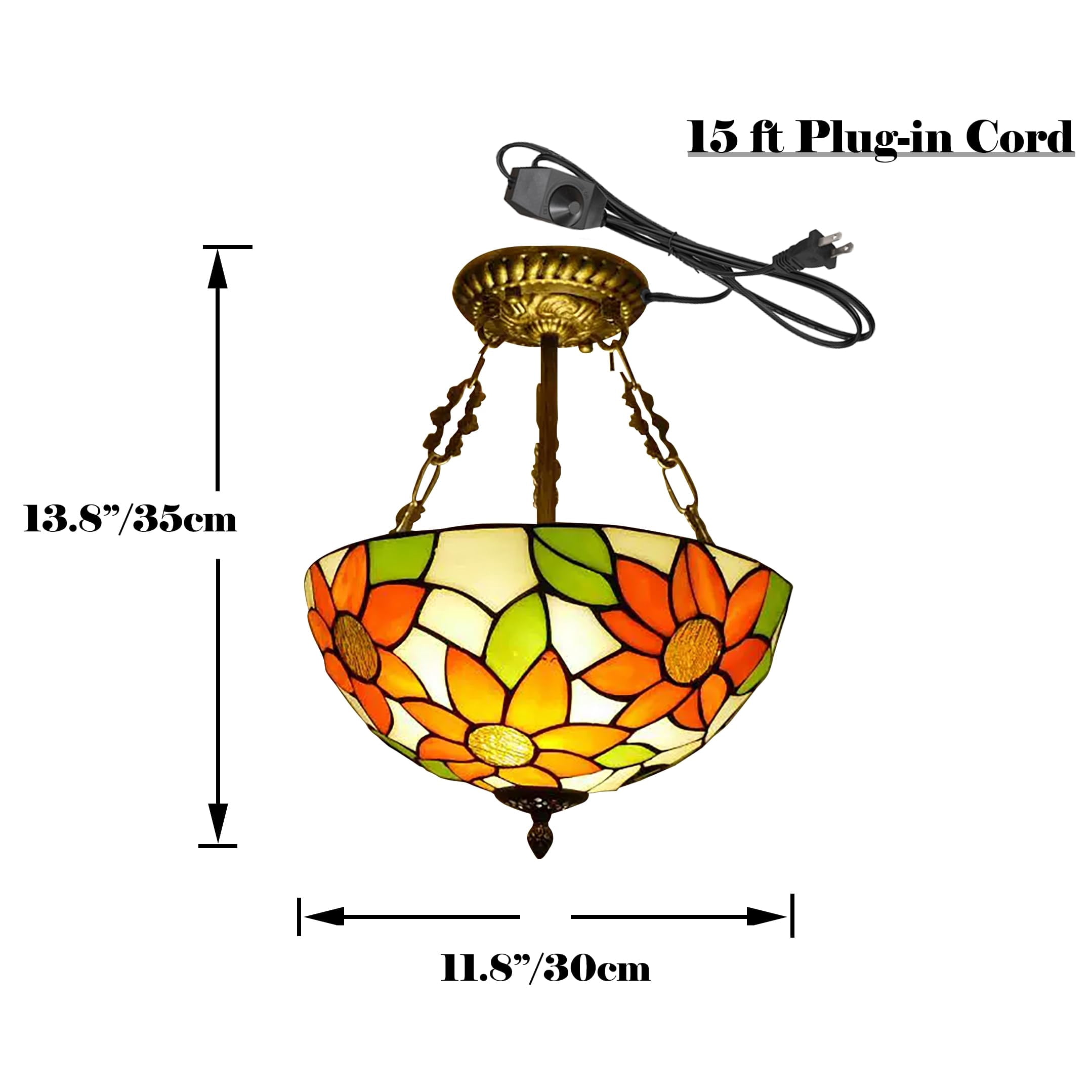 Kiven 11.8in Plug-in Flush Mount Ceiling Light Fixture, 2-Light Anti Glare Close to Ceiling Light with 15FT Cord, Tiffany-Style Glass Chandelier Dimmable for Bedroom Kitchen Hallway(No.3221)