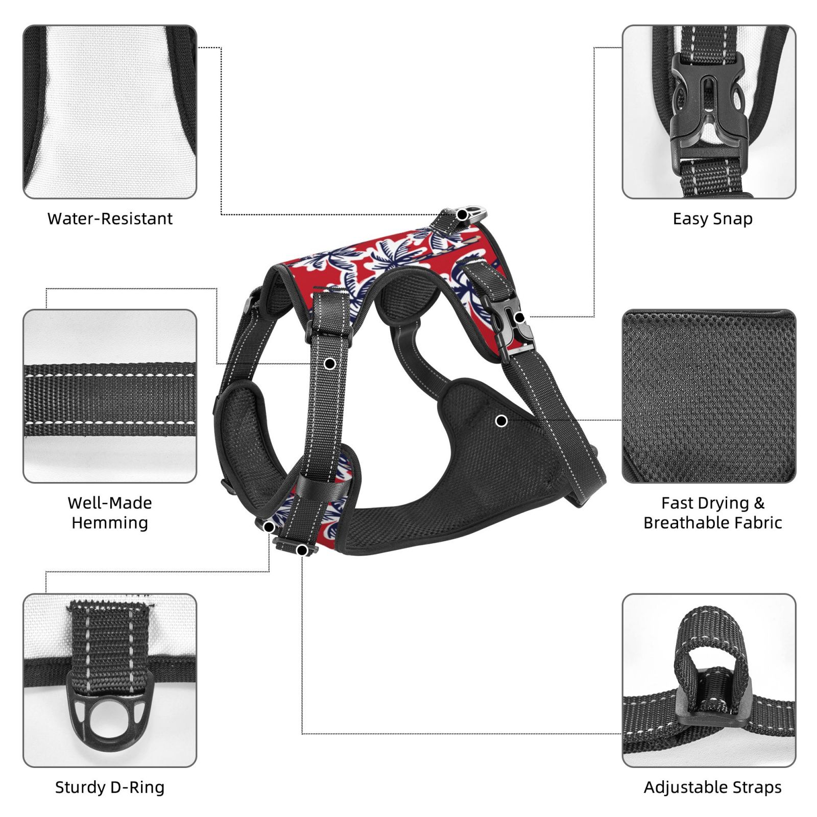 Fuzoiu Palm Tree Pattern on Red Print Reflective Dog Harness,Adjustable, Breathable Pet Vest,Dog Harness No Pull,No Choke Pet Vest for Small, Medium, and Large Dogs-Medium